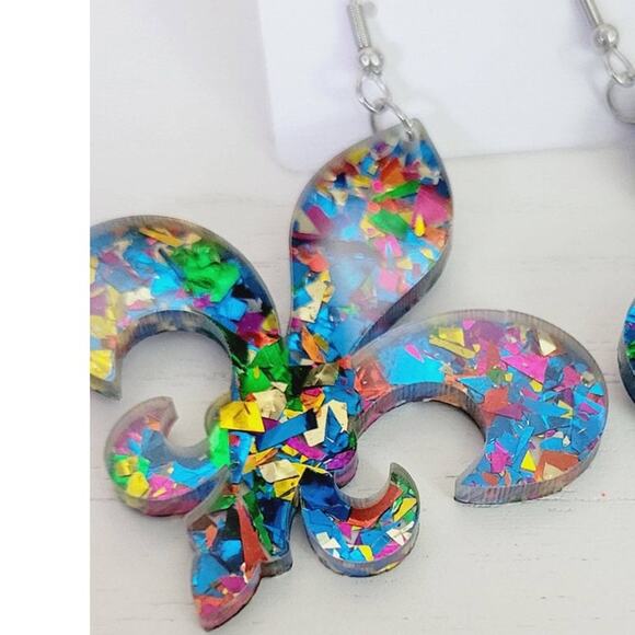 Confetti Mardi Gras Fleur De Lis Dangle Earrings - Picture 2 of 3